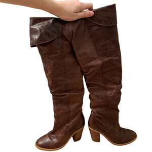 Bebe Women's Brown Leather Knee Length Block Heel Foldover Boots Size 5
